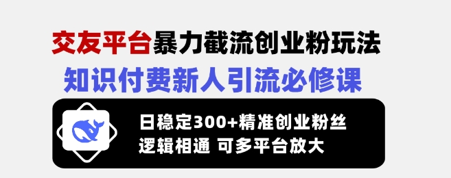 交友平台暴力截流创业粉玩法，知识付费新人引流必修课，日稳定300+精准创业粉丝，逻辑相通可多平台放大-艾客创业网