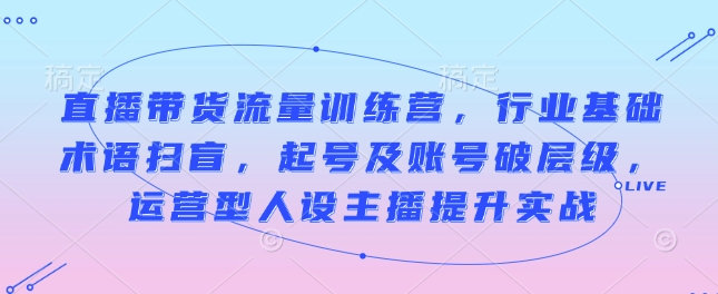 直播带货流量训练营，行业基础术语扫盲，起号及账号破层级，运营型人设主播提升实战-艾客创业网
