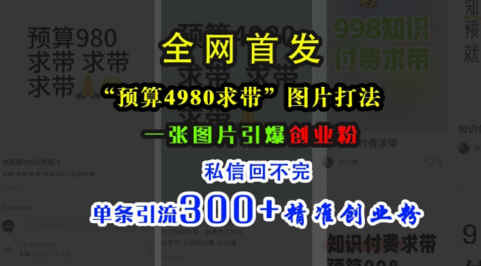 小红书“预算4980带我飞”图片打法，一张图片引爆创业粉，私信回不完，单条引流300+精准创业粉-艾客创业网