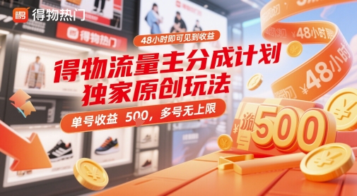 得物流量主分成计划独家原创玩法，48小时即可见到收益，单号收益5张，多号无上限【揭秘】-艾客创业网