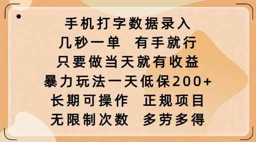 手机打字数据录入，几秒一单，有手就行，只要做当天就有收益，暴力玩法一天低保2张-艾客创业网