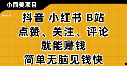 小而美的项目，抖音小红书B站视频点赞、关注、评论就能挣钱，简单无脑立见收益，妥妥的零撸项目【揭秘】-艾客创业网
